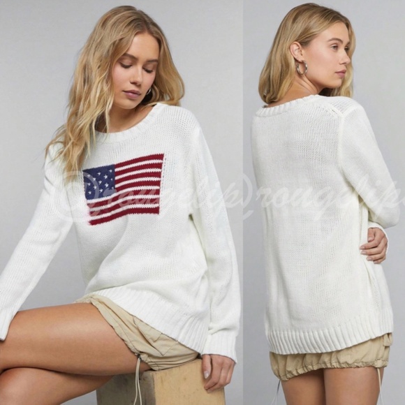 American Flag Knit Off White Pullover Sweater Crew Neck Long Sleeve - Picture 7 of 16